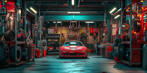 Garage med verkstadsprodukter och en bil